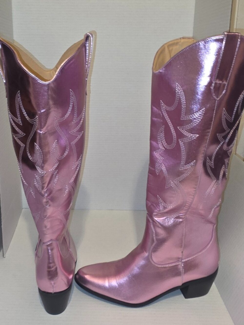 Pink Chrome knee high cowgirl boots